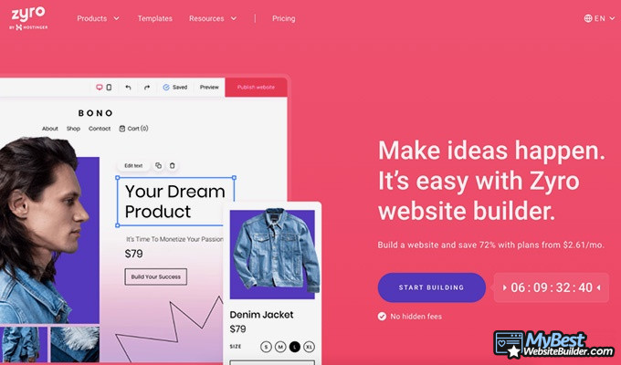 Squarespace alternatives: Zyro homepage.