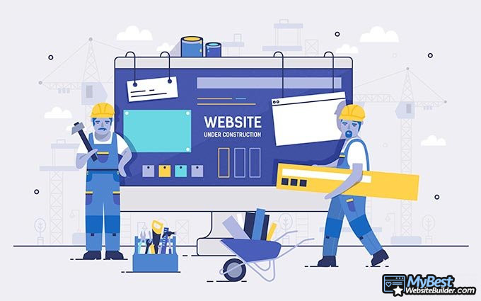 Best free website builder: animated builders crafting a website.