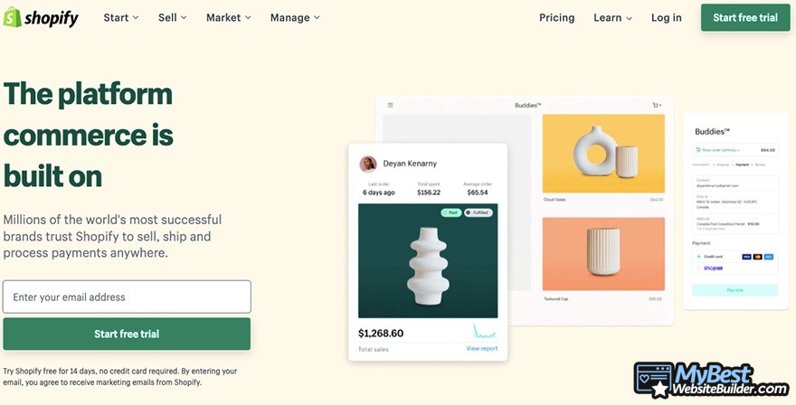 BigCommerce competitors: Shopify homepage.