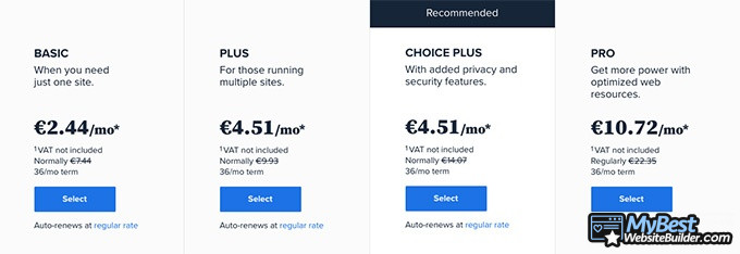 Reseña Bluehost: Opciones de precios.