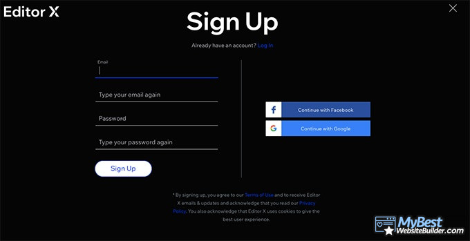 Editor X review: sign-up process.