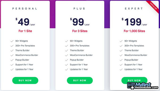 Elementor review: pricing options.