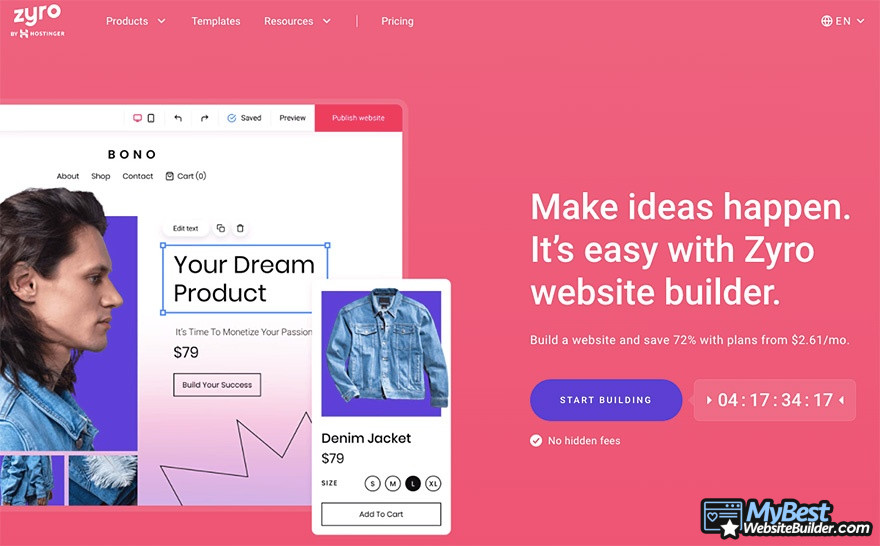 HostGator alternatives: Zyro website builder homepage.