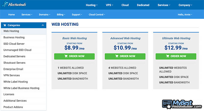 Avis hostwinds: tarifs.