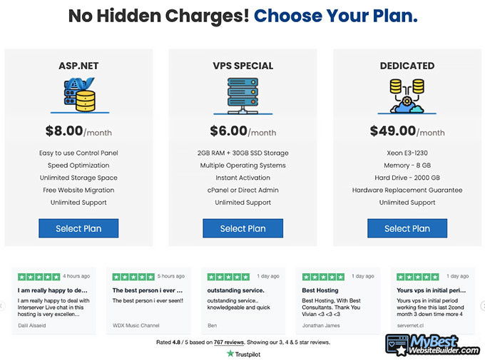 InterServer review: some of the available plans.