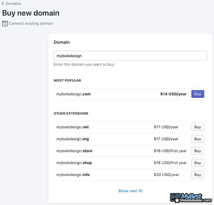 Cara kerja Shopify: memilih domain.